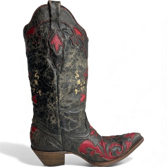 Corral Lizard Leather Western Cowgirl Black Red Boots Women's 9 - Picture 7 of 14